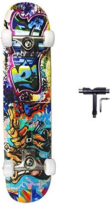 SHINPORT 31 Inch Skateboard Complete for Youth Adults Beginners Pros Double Kick Concave for Cruising Tricks Include T-Tool