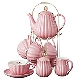 Jusalpha Fine China Pink Coffee Cup/Teacup Set, 8 OZ Cups& Saucer Service for 4, with Teapot-Sugar Bowl-Cream Pitcher Teaspoons and tea strainer for Tea/Coffee, 17-Pieces (TW Full set)