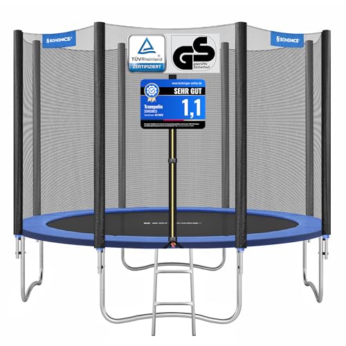 SONGMICS Trampolin Ø 305 cm, Gartentrampolin für Kinder mit Sicherheitsnetz, Randabdeckung, Leiter, 180 cm hohe gerade Stangen, Stahlrahmen, TÜV Rhein