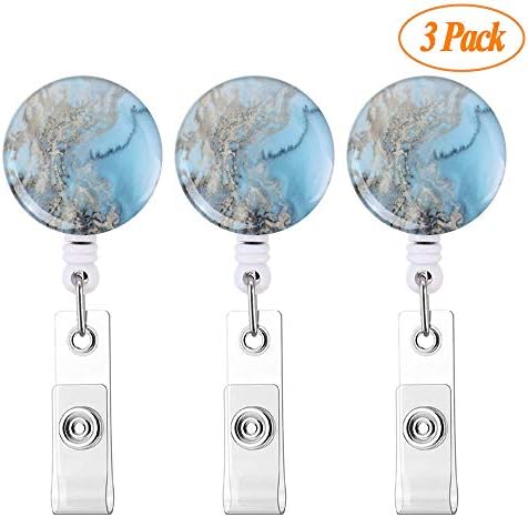 Retractable Badge Holder Carabiner Badge Reel with Alligator Clip On ID Card Holders (Blue Marble-3 Pack)