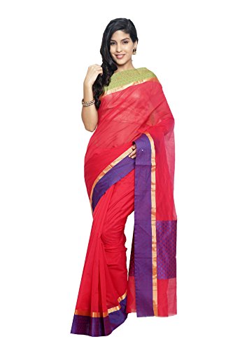DOUBLE COLOR CONTRAST COTTON SAREE-Red-AJS361-MN-Cotton