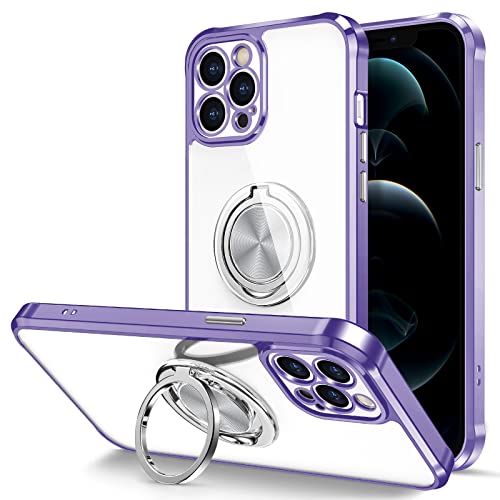 Hython for iPhone 12 Pro Max Case Ring Stand, Clear Body with 360° Rotatable Ring Holder Magnetic Kickstand, Shiny Plating Bumper Anti-Scratch Hard PC Shockproof Protective Phone Cases, Clear/Purple