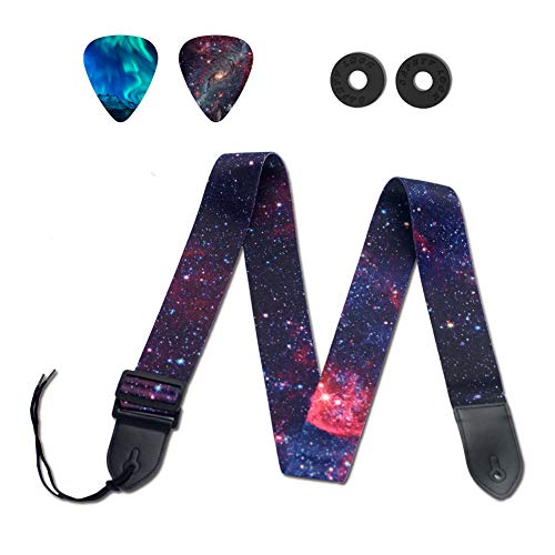Guitar Strap,Qielizi Guitar Strap with Leather End Length Adjustable 2 Pick Holders & 2 Matching Picks For Electric Guitar, Acoustic Guitar and Bass - Unique Gift For Guitarist(Star Night)