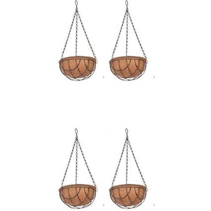 Antier Coir Hanging Round Basket 14 INCH 4 Pieces - Coco Gardening POTS with Stand - Flower POTS Hanger Garden Decoration Indoor Outdoor Water Hanging Baskets Plant Container