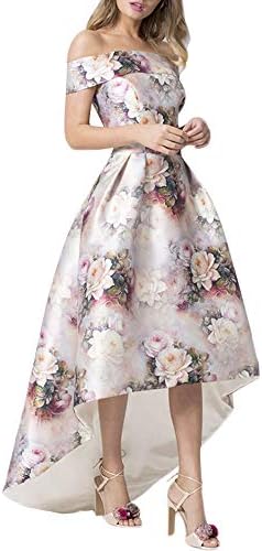 Jessica CC Women's Satin Floral Off Shoulder Prom Dress High Waist Formal Hi Low Dress