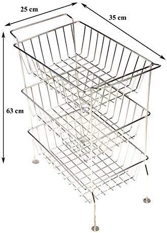 Gehwara Stainless Steel Fruit Rack Vegetable Trolley Kitchen Storage Rack 3 Tier Rectangle Shape Shelf (35x25x63 cms)