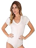 MakeMeChic Women's Short Sleeve Tops Basic V-Neck Leotard Bodysuit Lingerie White L