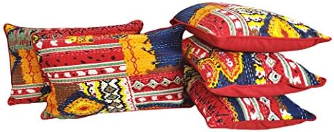 Agasvi Cotton Red Ikat Kantha Hand Embroidered Rectangle Cushion Covers Sets Decorative Pillow for Home 12 x 20 Inch Set of 5