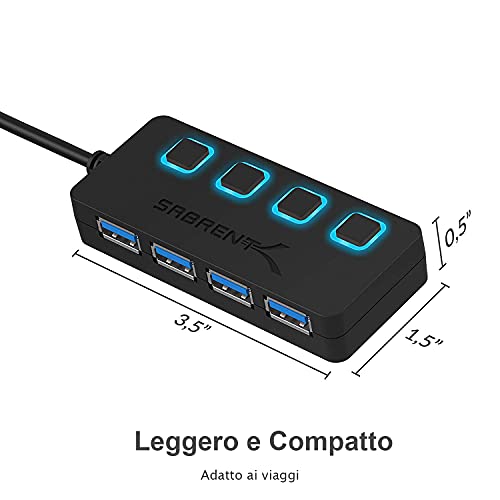 SABRENT USB 3.2 Gen 1 Hub [4 Ports] USB Power Strip Power Strip USB Splitter, Single ON/OFF Switches and LED Lights with Power Supply for PS4/PS5, PC, Laptop, USB Flash Drive (HB-UMP3)