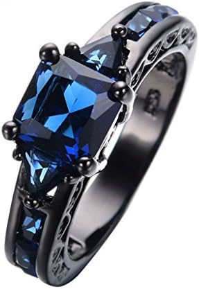 Luxussay women Princess Cut Blue Sapphire CZ Band Black Gold Filled Rings