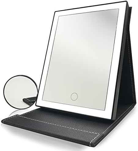 UPHAN Travel Lighted makeup mirror, with 5X Magnification PU Leather Foldable Portable Travel Desktop Cosmetic Mirror (9.5", Black)