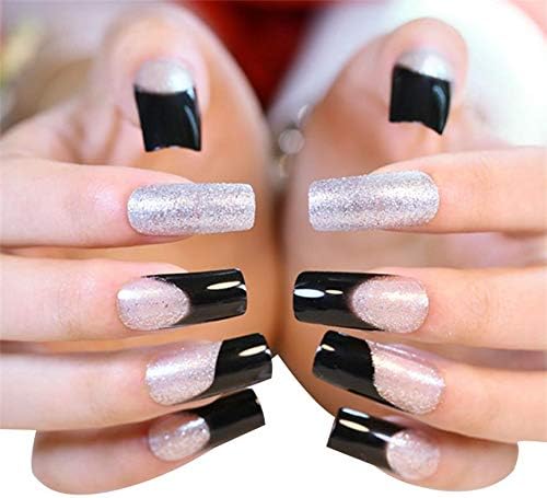 24pcs/set Silver Glitter False Nails Long Full Cover for Women Girls French Acrylic Fake Nail Press On Nails Artificial Finger Nails