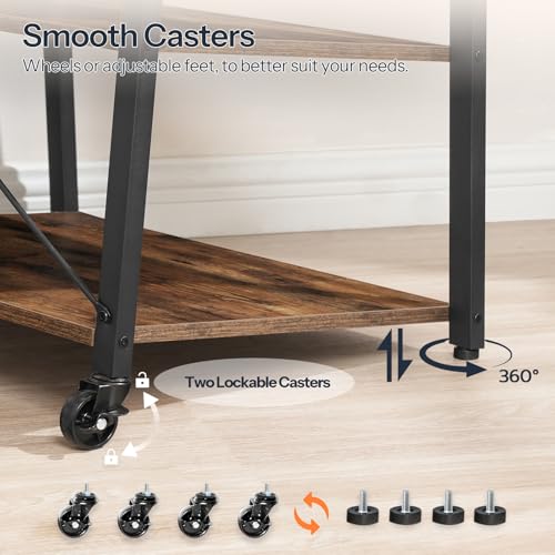 HOOBRO Mobile TV Stand Cart, 3 Tier Floor TV Cart with Wheels, Rolling TV Stand for Living Room, Height Adjustable Rolling TV Storage for Bedroom, Office, Rustic Brown and Black EBF66KDS01