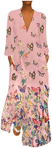 Maxi Dresses for Women - Women's Loose Party Dress Plus Size Deep V Neck Boho Butterfly Print Casual Long Sleeve Dress