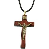 Catholica Shop Religious Wear Handcrafted Cherry Wood Corded Necklace Cross Pendant for Men and Women. Made in Brazil - 2.4 Inches