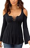 Angashion Women's Sexy Off Shoulder Bandage Deep V Neck Lace Up Long Sleeve T-shirt Blouse Tops