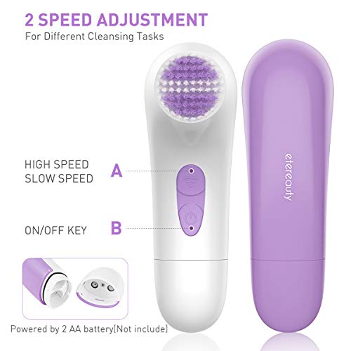 【2019 Upgraded】ETEREAUTY Facial Cleansing Brush, Waterproof Face Brush with 4 Brush Heads and a Protective Travel Case - Deep Cleansing, Gentle Exfoliating, Removing Blackhead for Face, Purple