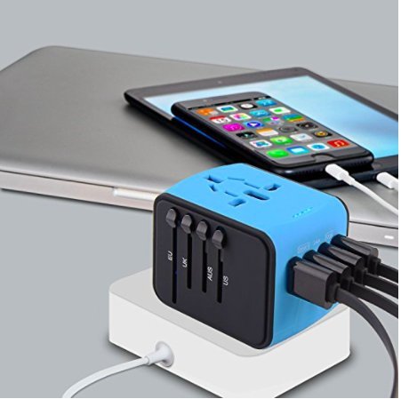 Unidapt International All in One Multi-Nation Worldwide Universal 4-USB Travel Power Adapter Charger - Travel to USA Europe Asia and UK Great for iPhone/Smartphones/Laptops & more (Blue)