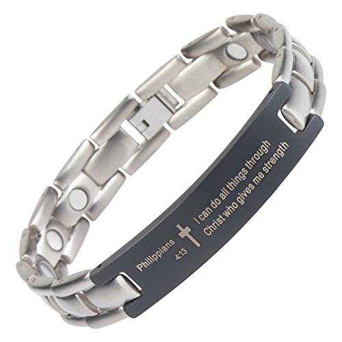 Philippians 4:13 - Titanium Prayer Bracelet - Magnetic Therapy - Adjustable (Silver-colored)