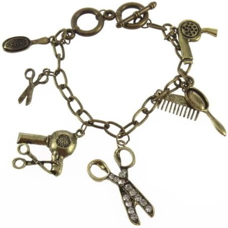 Retro Bronze Hand Shear Hair Drier Scissors Comb Charm Bracelet Chain