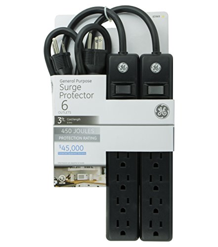 GE 6-Outlet General Purpose Surge Protector, 2-Pack, 450 Joules, 3ft. Cord, Black, 83969
