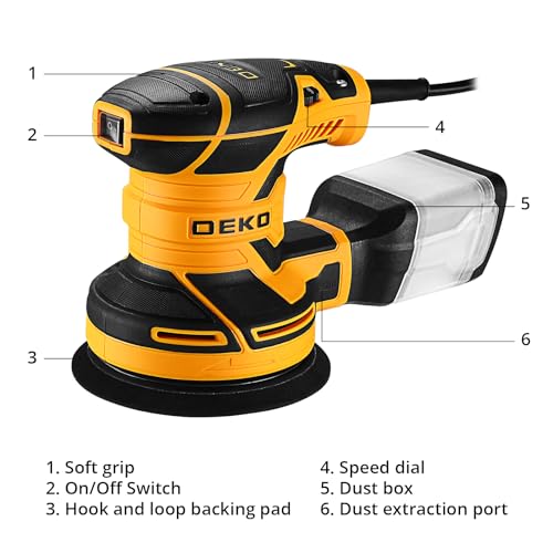 DEKOPRO 300W Orbital Sander, 6 Speed, 14000RPM, 16 Pieces Sandpaper, 125 mm Sanding Pad, Dust Collector, for Wood and Steel Surfaces