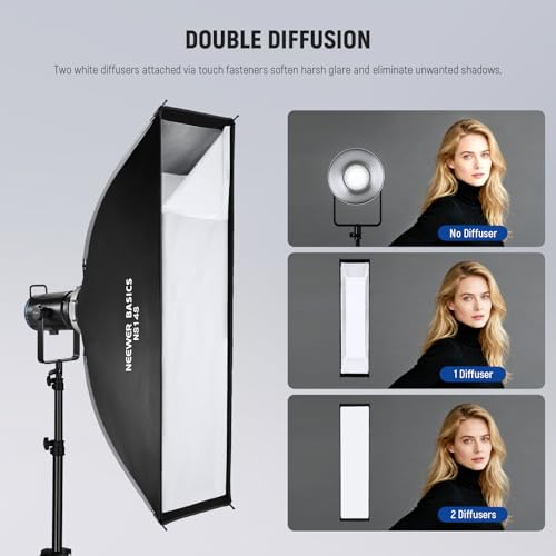NEEWER BASICS Rectangular Softbox Kit, 12"x47" Quick Release Bowens Mount Strip Soft Box Light Diffuser Compatible with Godox Compatible with Aputure Studio Photography Video Recording Lighting, NS14S