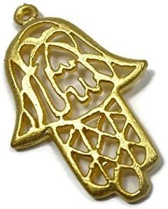 Foxy Findings Hamsa Collection Hand of Fatima with Arabic Calligraphy Matte Finish 24k Gold Plated Brass Charm 30mm Set of 1 CHG013