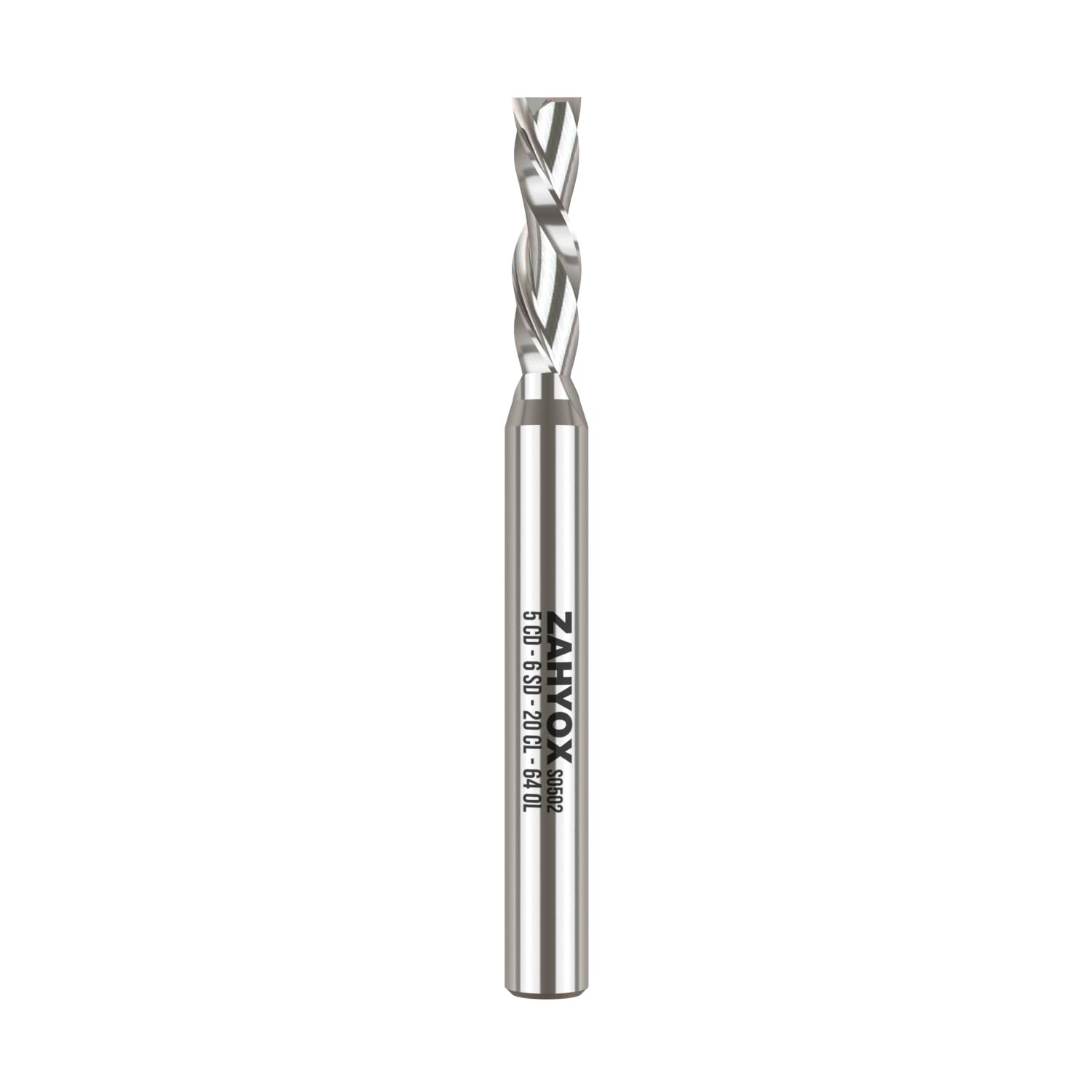 ZahyoX Solid Carbide Cutter CNC Spiral Router Bit with 2 Flutes, 5 mm Cutting Diameter, 6 mm Shank, 20 mm Cutting Length, 64 mm Total Length
