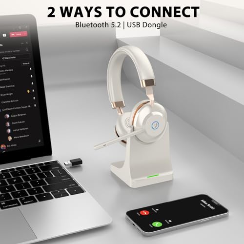 Wireless Headphones with Mic, Bluetooth Headset with Microphone Noise Canceling & Charging Base, Wireless Headset with Microphone Mute for PC/Teams/Zoom/Call Centers/Smartphones
