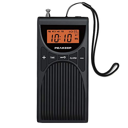 PEAKEEP Portable Pocket Handy FM Radio with Earphone Jack and Beep Alarm, Easy Set Battery Operated
