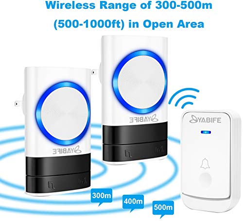 Wireless Doorbell, Plug in Door Bell 2 Receivers 1 Push Button Cordless, IP44 Waterproof Door Chime, 500-1000ft Range, 4 Levels Volume, 45 Ringtones (12V 23A Battery)