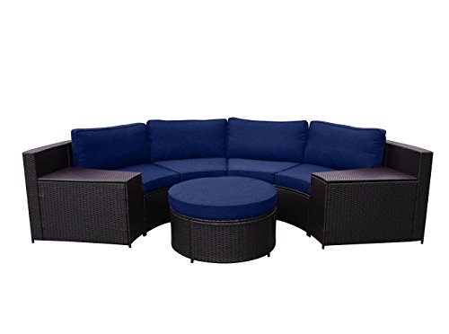 Jeco W00502-FS011 Cartagena 5 Piece Curved Modular Set with Blue Cushions, Espresso