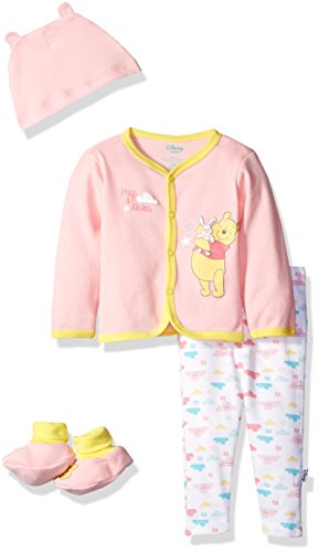 Disney Baby Girls' Winnie The Pooh 4-Piece Bodysuit, Pant, Bib, and Bootie Set, Candy Pink, 6/9