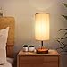 Hong-in Solid Wood Table Lamp Minimalist Design Bedside Nightstand Lamp with USB Charging Port Fabric Shade for Bedroom, Living, Study Room (Round)