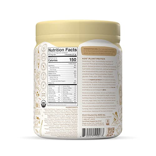 KOS Plant Based Protein Powder, Vanilla USDA Organic Low Carb Pea Protein Blend, Vegan