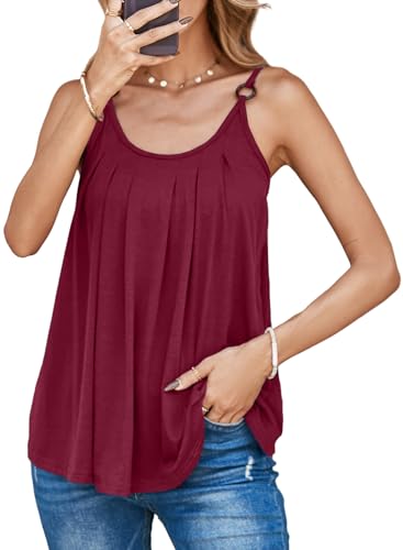 BLENCOT WOMENS SUMMER SLEEVELESS ADJUSTABLE SPAGHETTI STRAP CAMISOLE CASUAL PLEATED SHIRT LOOSE BASIC TANK TOPS RED XL