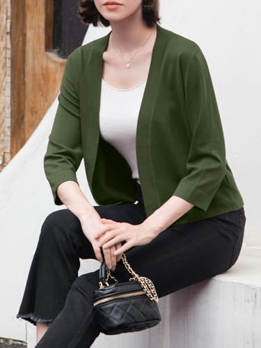 LANSALIRO WOMEN’S CASUAL 3/4 SLEEVE SWEATER SHRUGS OPEN FRONT LIGHTWEIGHT KNITTED CARDIGANS D GREEN