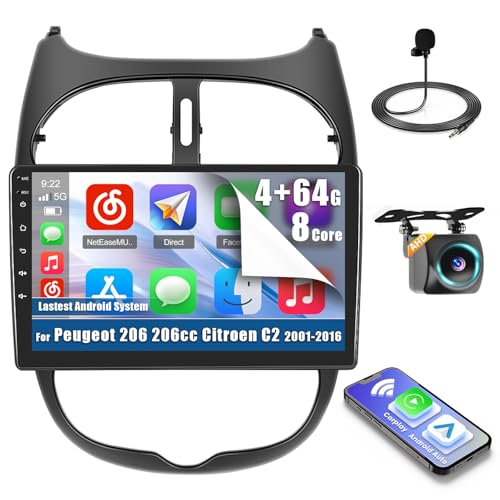Inefala 8 Core 4+64G Radio for Peugeot 206 206cc Citroen C2 2001-2016 Android 15 with Wireless Carplay and Android Auto, 9'' Touch Screen Stereo Radio with Bluetooth 59UI 32 EQ DSP GPS FM/RDS SWC