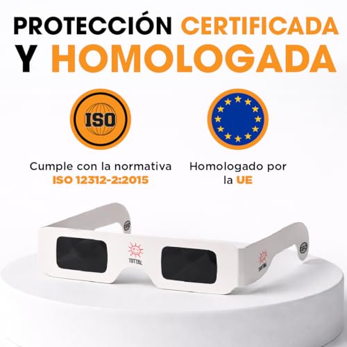 Tottal Gafas Eclipse Solar Homologadas ISO 12312-2 Agosto 2026 Gafas Protección Certificadas CE + Filtro Seguro UV/IR Ligeras + Cómodas + Fácil de Usar Glasses