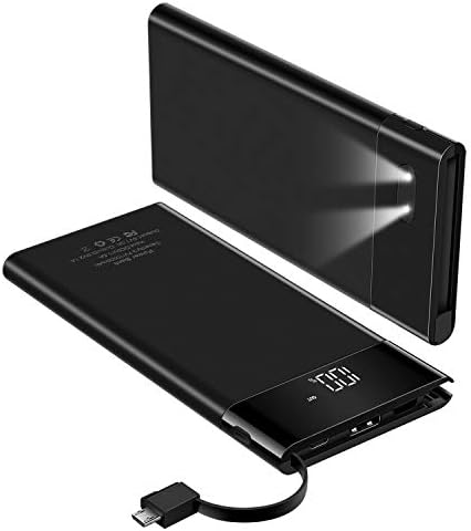 10000mAh Power Bank, Ultra Slim Portable Charger, External Battery Pack with Built- in Micro Cable, LED Display, Two Converts, USB Ports, LED Flashlight, Compatible with All Cell Phone(Black)