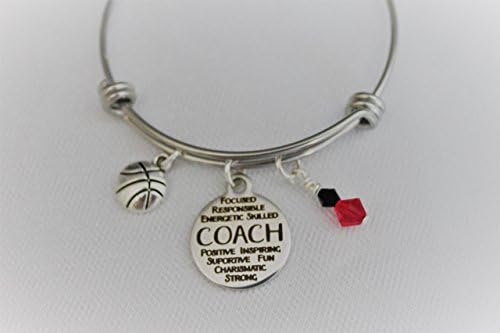 Basketball Coach Adjustable Stainless Steel Bangle Bracelet With Silver Basketball and Swarovski Crystal Team Colors Gift for Coach
