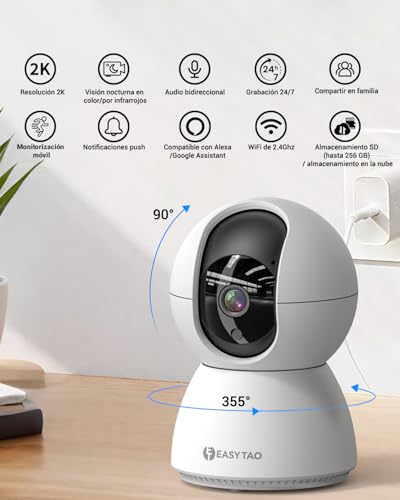 E T EASYTAO TV-628 Cámara de Seguridad Interior, 2K 3MP Cámara Alexa WiFi, iCSee O Tris Home App, Audio Bidireccional, Control Remoto, Detección de Movimiento, Visión Nocturna,Compatible con Alexa