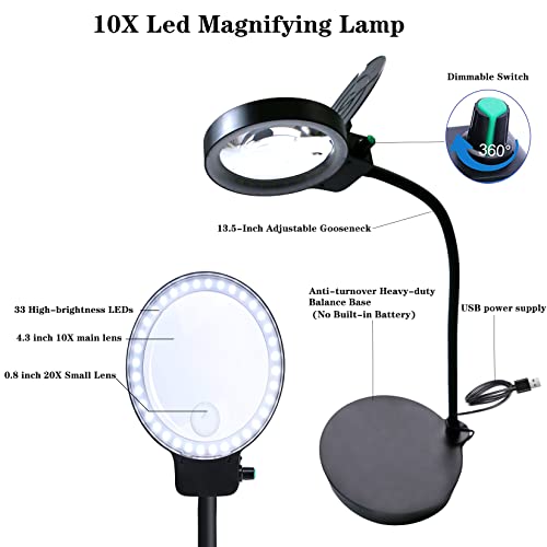 Magnifying Glass with Light 2 in 1 Magnifying Lamp 10X 20X Magnifying