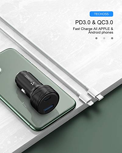 Car Charger, Techoss 36W All Metal Car Charger Adapter Mini Flush Fit USB+PD Car Charger Dual Port Charging, Compatible with iPhone XR/Xs/Max/X/8/7/Plus, iPad Pro/Air 2/Mini, Galaxy, LG, HTC and More
