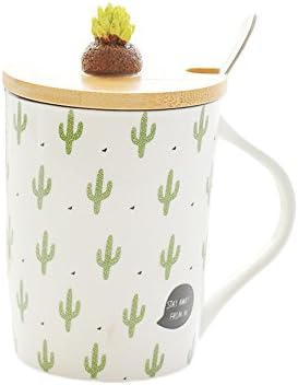 Colias Wing Cuddly Cactus Pattern Design 10.8 Oz Ceramic Tea Cup Coffee Mug Travel Mug with Lid & Spoon-White&Green