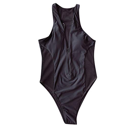 Sunhusing Womens Solid Color Sexy Deep V-Neck Mesh Stitching One-Piece Swimsuit Zipper Closure Beachwear Black - Thumbnail 2