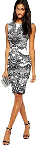 Shyby Flower Vintage Print Elegant Silm Pencil Sleeveless Dress (M, Black)