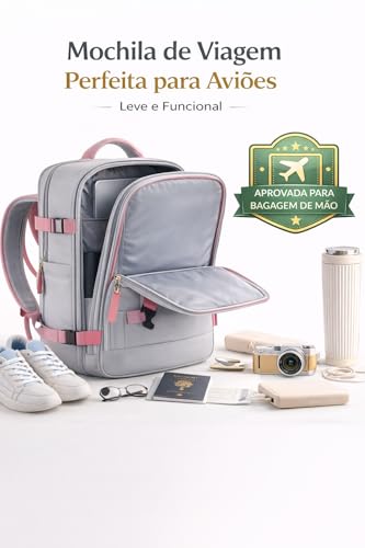 Mochila Viagem Avião Bagagem de mão Viral Impermeável Low Cost Bolsos Isolados P/Sapatos, Notebook, Molhados - Bordo, Cabine, Usb - Cor: Cinza Zíper Rosa