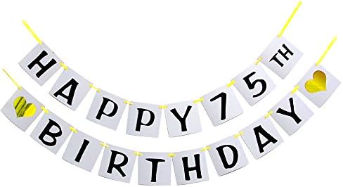 Happy 75TH Birthday Banner - Gold Glitter Heart for 75 Years Birthday Party Decoration Bunting(White）